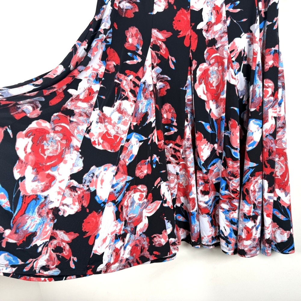 PREMISE Midi Skirt Black Red Floral Elastic Waist Flowy Gored Womens L Cottage